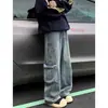 Jeans Cargo de Pierna Ancha para Hombre Marca Americana de Moda Bolsillo Grande Pantalones Sueltos Lavados Retro Streetwear Casual Pantalones Largos