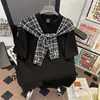 Xale Xadrez Camiseta Falsa de Duas Peças Manga Curta para Homem, Marca Tendência de Verão Loose Manga Meia-Calça Design Cleanfit Top