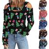 Moda Feminina Outono e Inverno 2022 Europeia e Americana Transfronteiriça Amazon Wish Camiseta Estampada Natal Off-Shoulder Solta de Manga Longa para Mulheres
