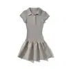 25 Nuevos Vestidos de Verano para Mujer Estilo Sexy Americano Gris Cuello Polo Empalme Cintura Delgada Corta Falda Tutú
