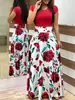 Nueva Falda Larga Estilo Europeo y Americano de Amazon Vestido de Manga Larga y Corta con Impresión Digital y Combinación de Colores Ropa Femenina Transfronteriza