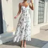 Vestido largo de verano nuevo estilo europeo y americano, cuello en V, corte ajustado, estampado floral, vestido sin mangas estilo hada