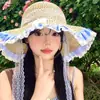 Sombrero de Paja con Cinta de Encaje a Cuadros para Mujer, Sombrero de Sol de Verano para Playa y Vacaciones en la Costa, Sombrero de Sol con Ala Ancha para Protección Solar