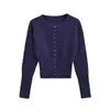 Cárdigan de Punto Retro Europeo y Americano de Cuello Redondo de Botones Sencillos Ajustado de Manga Larga Moda Versátil Suéter de Cintura de Color Puro