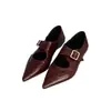 Versión de piel de oveja~Zapatos Mary Jane de punta tallados estilo francés con plataforma interior, zapatos planos de mujer con una sola tira y punta fina, zapatos planos de cuero