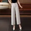 Pantalones de lino Tencel azul marino para mujer, nuevo estilo 2026, pantalones anchos cropped, pantalones de verano rectos a la moda para mujer