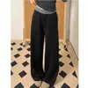 Calça Esportiva Casual com Costura em Cor Contrastante para Mulheres 2025 Primavera Nova Cintura Alta Solta Afinando Perna Larga Comprimento Total