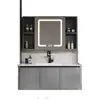 Gabinetes de baño de aluminio tipo panal SPC color blanco crema con esquinas redondeadas combinación de gabinete para lavabo de cerámica lavabo