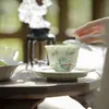 Mingzhishan Zhi Guoqing Patio Piedra Bambú Verde Tazón de Té Pintado a Mano Vajilla de Erudito Tazón de Té Juego de Té Kung Fu Tazón con Tapa de Cerámica