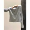 Camiseta de Manga Longa com Decote Coração Abotoado, Cintura Marcada com Barbatanas, para Mulheres, Outono/Inverno/Primavera, Listrada, Ombro Normal, Ajustada ao Corpo, Base Curta