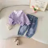 Conjunto de Top con Textura, Solapa Cruzada y Patchwork + Jeans Bordados con Lazo, Nueva Primavera 2026