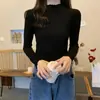 Top Interno Versátil de Manga Comprida com Babados Estilo Coreano para Mulheres, Camiseta Básica de Tricô Ajustada da Moda Outono/Inverno, Suéter com Gola Semi-Alta