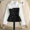 Camisa Feminina 2024 Coreana Nova Outono Falso Duas Peças Top Costura Solta Gola POLO Camisa com Alça Estilosa