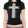 Camiseta Gótica Streetwear Harajuku Europeia e Americana com Estampa de Cruz Strass Manga Curta Gola Redonda Slim Top Curto para Mulheres