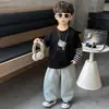 Blusa Infantil Listrada Desenho Animado Estilo Coreano Primavera Nova Para Bebês Falso Duas Peças Camiseta Básica com Estampa de Letras Para Meninas Tendência