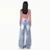 Primavera 2026 Nuevo Estilo Retro Americano Azul Lavado Diseño de Costura Lateral Jeans Tridimensionales para Mujer Pantalones Anchos Holgados