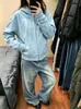 Sudadera con capucha y hombros caídos estilo retro americano azul para hombre y mujer, otoño, holgada, moderna, marca, pareja, top casual