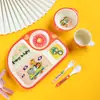 Juego de Vajilla de Fibra de Bambú de Cinco Piezas con Plato de Cuatro Compartimentos, Tazón de Dibujos Animados Lindo de Regalo, Taza, Cuchara, Tenedor Vajilla, Venta al por Mayor de Exportación