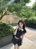 Conjunto de Top Chaleco con Cuello de Muñeca Estilo Coreano con Falda de Lazo, Conjunto de Dos Piezas de Moda Gris de Verano