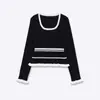 Para Exportação Europeia e Americana Transfronteiriça Roupas Femininas Aliexpress Popular Moda Outono Cor Contrastante Manga Longa Decorativo em Camadas Tricô