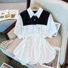 Sentido del Diseño Contraste Color Costuras Cintura Camisa de Manga Corta para Mujer Verano Talla Grande Chica Gordita Moda Elegante Suelta Adelgazante Top