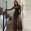 Estação Independente Transfronteiriça Europeia e Americana Inverno Feminino Sexy Renda Patchwork Vazado Manga Longa Gola Redonda Slim Fit Vestido com Fenda