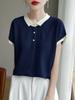 25 Años Nuevo Verano Lana Peinada Polo Cuello Tejido Punto Manga Corta Camiseta de Fondo para Mujer Jacquard Combinación de Colores Top