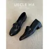 Mocasines de tacón grueso estilo británico de piel de oveja suave para mujer, diseño de punta redonda, zapatos de una sola pieza sin cordones de corte profundo, versátiles zapatos pequeños de cuero JK
