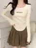 Blusa Térmica de Manga Longa com Dupla Face para Mulheres, Design Outono e Inverno, Camiseta Regular com Ombro Caído e Manga Longa, Top Curto Petite