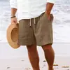 Nuevos Pantalones Cortos de Algodón y Lino con Múltiples Bolsillos y Cordón Rayados Casuales de Playa para Hombre de la Nueva Estación Independiente de Amazon Europea y Americana