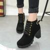 Botines individuales de otoño de tacón alto con hebilla de cinturón Zapatos de mujer Botines de tacón grueso Punta redonda Botas Martin Botas con cordones y desnudas para mujer Botas de caballero