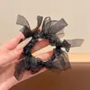 Elástico de cabelo retrô floral estilo coreano com laço e design de pérola, alta elasticidade, suave para o cabelo, adequado para meninas que vão ao trabalho