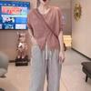 24978 Da Ai Mei Yi Yuan Outono 2026 Nova Moda Cor Sólida Manga Longa Solto Blusa Calça Casual Listrada para Mulheres
