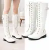 Botas Martin de cordones estilo retro europeo y americano para mujer, con punta redonda, tacón grueso y caña alta, disponibles en tallas grandes, en color blanco, y diseñadas como botas de motociclista