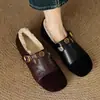 Zapatos Planos Mary Jane Retro Estilo Preppy Camelia Hebilla en T Piel Integrada Punta Redonda Forro de Lana Zapatos Pequeños de Cuero para Mujer