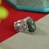 Yuebao Joias Jade Hetian Natural Prata de Lei S925 Jadeíta Pixiu Lótus Largo Vintage Anel Ajustável