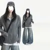 Roupas de Outono e Inverno Cardigã de Cor Sólida com Lapela Zíper Design Unissex Tamanho Plus Estilo Coreano Suéter de Malha Cinza Outro