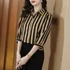 Camisa de Lino de Alta Gama 2026 Nuevo Estilo de Verano con Rayas y Mangas Tres Cuartos para Mujer, Corte Holgado, Adelgazante, Transpirable, Camisa Top Estilo Coreano