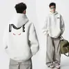 Moletom com Capuz Estampa Gato Diabo Preto Masculino Outono Americano Pesado Ombro Top Camisa Básica Solta