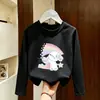 Camiseta de manga comprida para meninas, algodão puro, estilo primavera e outono, versão coreana, solta, simples, casual, gola redonda, camiseta básica fofa para crianças mais velhas