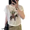 Camiseta de Punto Suelto de Manga Corta con Bordado de Caballo, Cuello Redondo, Lino, Estilo Coreano, Nueva de Verano 2026 para Mujer