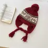 Gorro de Lana Tejido para Niña Estilo Fair Isle Otoño e Invierno, Cálido con Protección para las Orejas, Trenza Larga Jacquard, Lindo