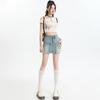 Saia Jeans Curta Azul Clara para Mulheres no Verão, Cintura Alta, Efeito Emagrecedor, Elástica, Charmosa Petite, Saia Evasê que Molda o Quadril, Pernas Largas