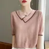 Camiseta fina de verano para mujer, de manga corta, de punto de Tencel, transpirable, agradable para la piel, con hombros descubiertos y colores a juego.