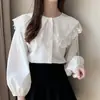 Nueva Camisa Juvenil Estilo Coreano de Primavera y Otoño, Corte Holgado, Cuello de Muñeca Elegante con Adorno de Encaje, Manga Larga, Camisa Estilo Universitario