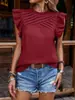 Camiseta de manga corta de color liso con hombros plisados y mangas de hoja de loto para mujer, Amazon Europa y Estados Unidos, 2025