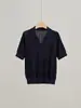 Blusa feminina de malha com gola polo V estilo francês, manga curta, para primavera e verão, seda gelada fina, caimento justo, respirável, adequada para o trabalho