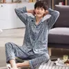 Pijama de Primavera y Otoño para Hombre Cardigan de Solapa Joven y de Mediana Edad 100% Algodón Puro 5XL Mangas Largas Ropa de Casa Traje de Primavera y Verano