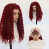 Peluca con malla frontal, cabello rizado color vino tinto, fibra sintética mate de alta temperatura, suministro directo de fábrica, envío directo disponible