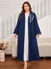 Bata Cardigan de Primavera y Otoño para Mujer, Disponible en Stock, Azul Marino con Bordado de Espiga, Manga Larga, Corte Holgado, Ropa de Abrigo Talla Grande